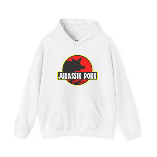 White hoodie with "Jurassik Pork" parody design, perfect for men and women who enjoy clever brand parodies and classic movies.