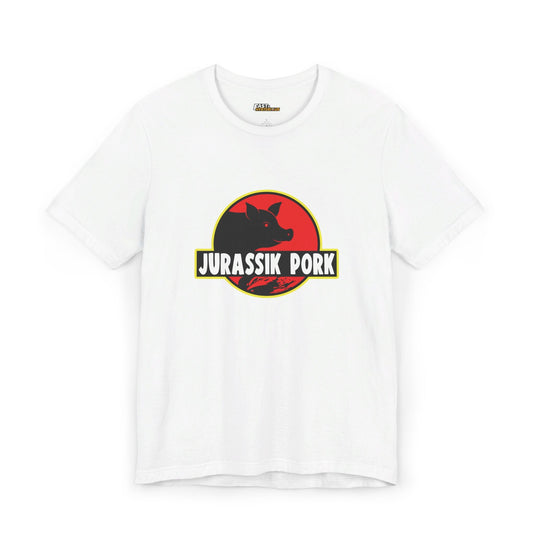 White Jurassik Pork t-shirt, a funny and clever brand parody tee for men and women. Perfect for those who love subtle humor.