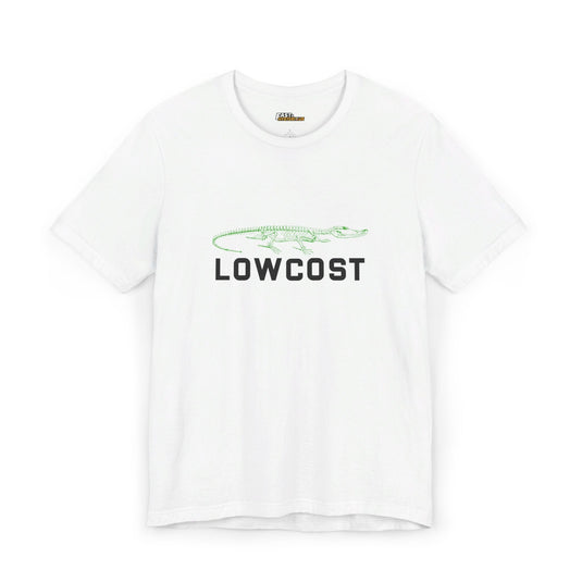 White 'Lowcost' t-shirt, a unisex parody tee with a sarcastic design, perfect for casual wear.