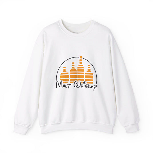 White sweatshirt with a "Malt Whiskey" brand parody design, ideal for men and women who love whiskey and nostalgic humor.