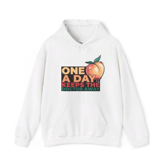 White hoodie for men and women with bold 'One A Day Keeps the Doctor Away' text and peach graphic, perfect for adult humor.