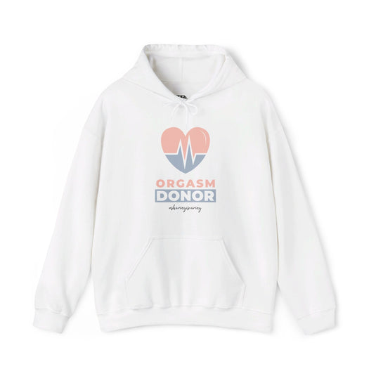 White hoodie for men with bold "Orgasm Donor" text and heart graphic, perfect for adult humor, sarcasm, and style.