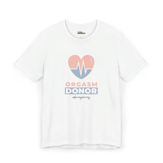 White men’s tee with a bold design, featuring a heart graphic and 'Orgasm Donor' text, perfect for a cheeky style.