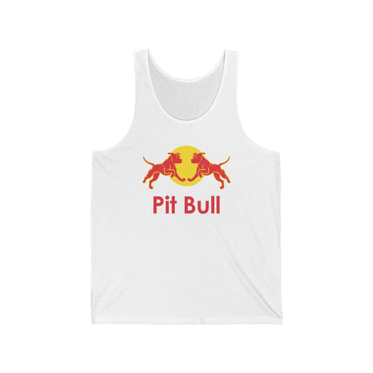 White tank top for men and women with a playful "Pit Bull" brand parody design, ideal for showcasing your love for pit bulls and humor.