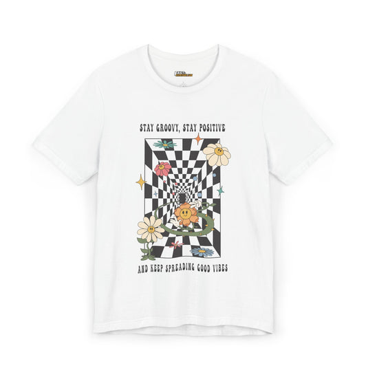 White t-shirt with psychedelic visuals and positive message, perfect for rave lovers and anyone spreading good energy.