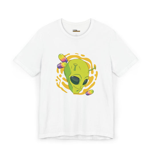 White t-shirt featuring a colorful psychedelic alien head, perfect for rave culture lovers and festival goers.