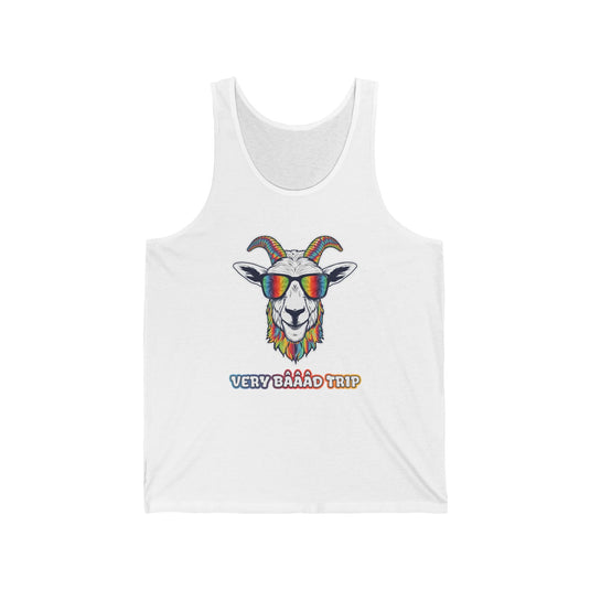 White tank top for men and women featuring a colorful "Very Baaad Trip" design with a trippy goat graphic, perfect for rave lovers.