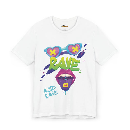 White t-shirt with vibrant heart-shaped sunglasses and psychedelic design, ideal for rave lovers and festival goers.