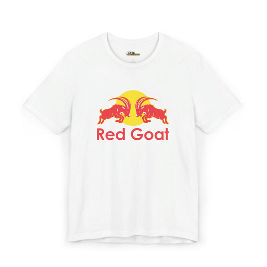 White tee for men and women with a striking 'Red Goat' logo parody, perfect for those who appreciate funny, eye-catching designs.