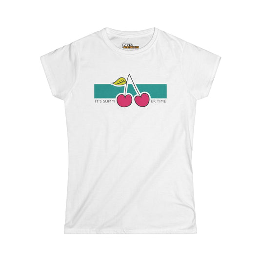 White women’s cut tee featuring a playful cherry graphic with 'It’s Summertime' text, perfect for summer fun.