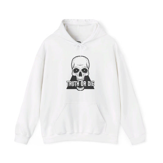 White hoodie for men and women featuring a bold "Truth or Die" design with a skull graphic, perfect for making a statement.