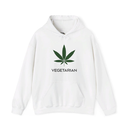 White hoodie for men and women with a bold "Vegetarian" text and cannabis leaf graphic, ideal for those who appreciate cannabis culture.