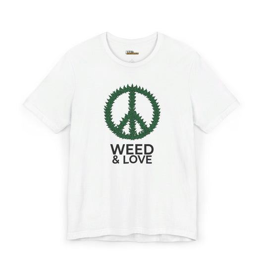 White tee for men and women with a 'Weed & Love' peace symbol parody, perfect for spreading good vibes and love for weed.