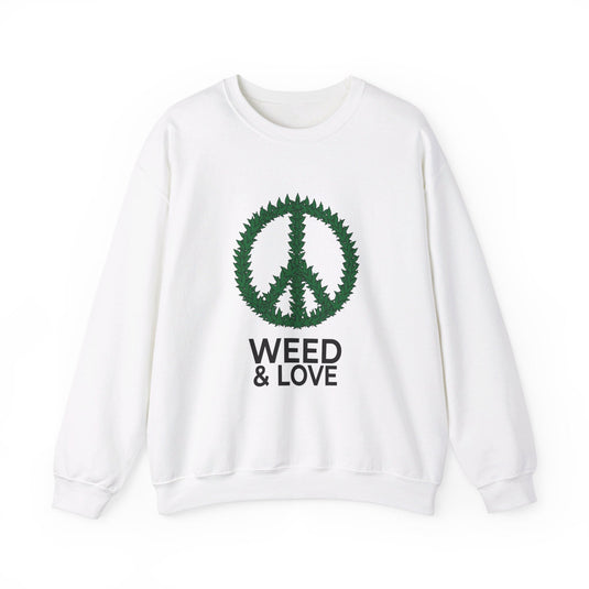 White sweatshirt featuring a "Weed & Love" design, perfect for men and women who love the peace and cannabis lifestyle.