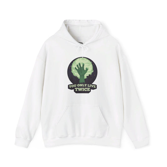 White hoodie for men and women with a bold "You Only Live Twice" design and zombie graphic, perfect for sarcastic humor lovers.