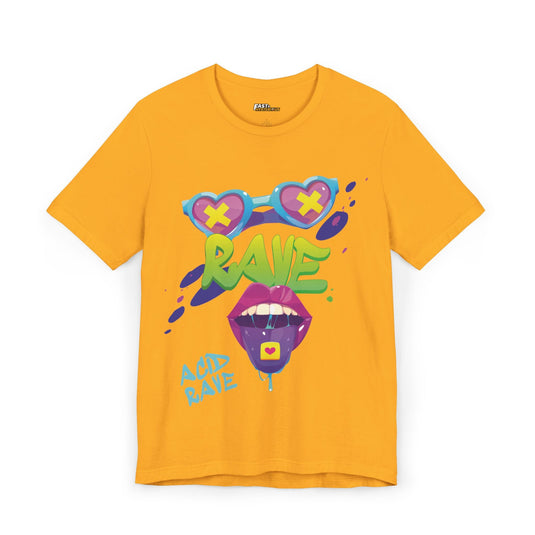 Gold yellow t-shirt with vibrant heart-shaped sunglasses and graffiti-style "Rave" lettering, ideal for rave trip lovers.